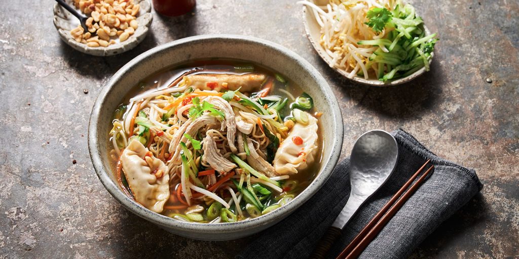 Asian Chicken Noodle Soup with Dumplings