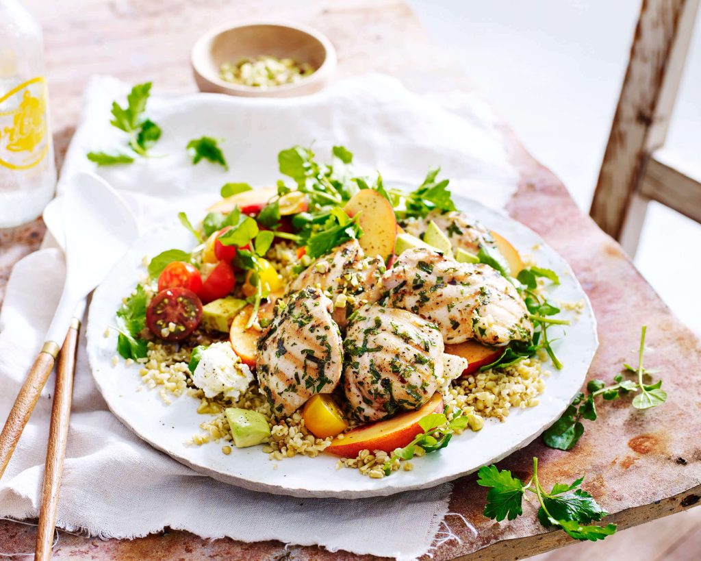 Chargrilled Herb Chicken with Freekeh and Peach Salad