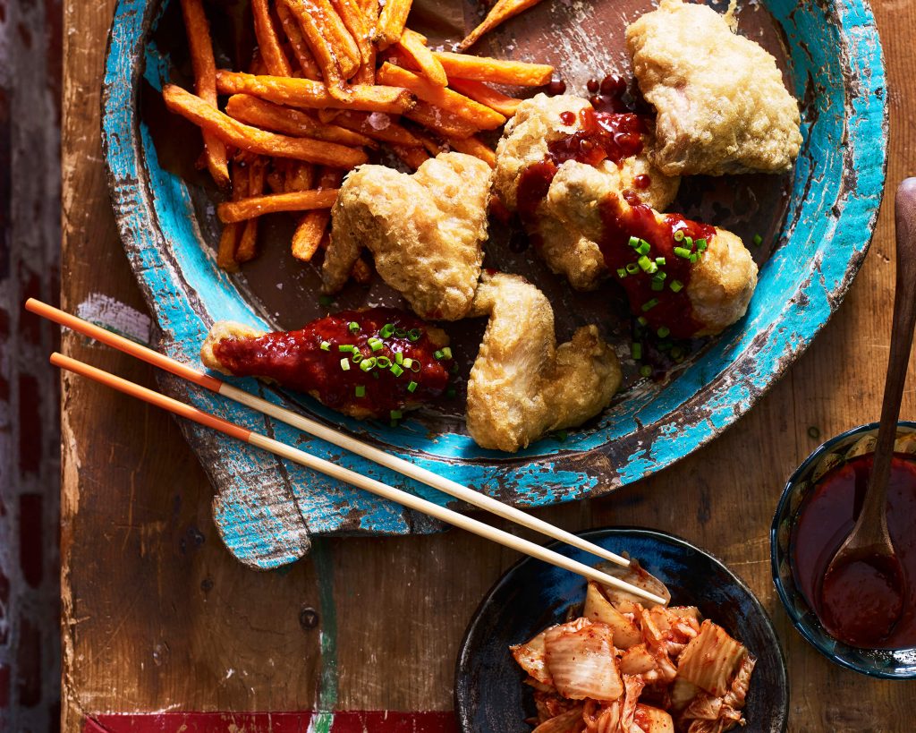 Korean Fried Chicken with Kimchi and Chips