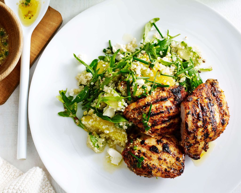 Cajun BBQ Chicken Thighs, Quinoa, Avocado & Orange Salad