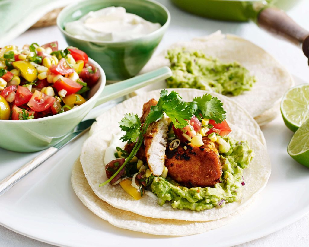 Chicken Tacos with Tomato Salsa and Guacamole