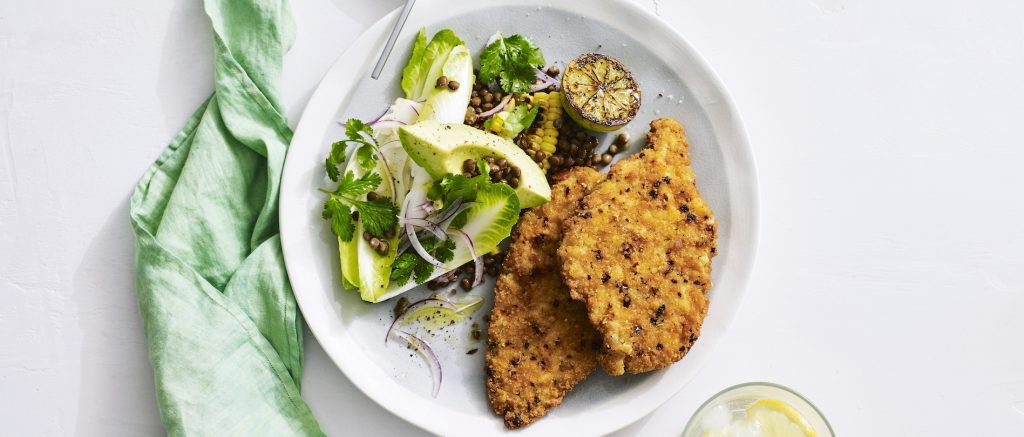 Chicken Schnitzel with Chargrilled Corn & Lentil Salad