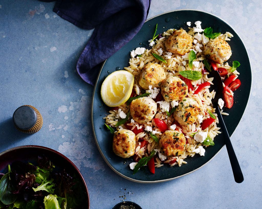 Greek Chicken Meatballs & Warm Pasta Salad