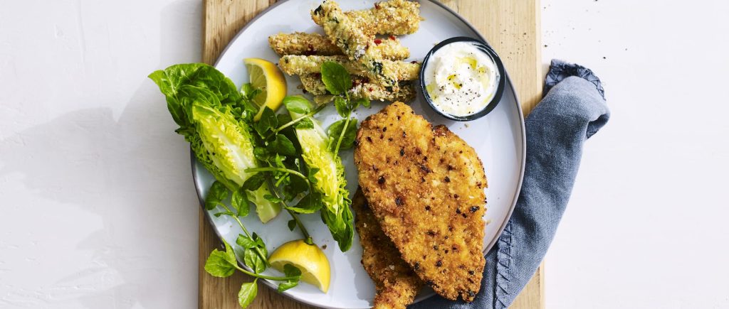 Chicken Schnitzel with Parmesan & Sesame Zucchini Chips