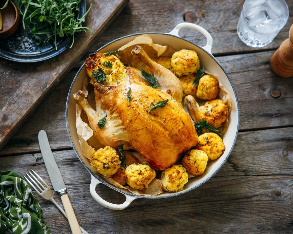 Adam Liaw Roast Chicken with sage brown butter and pumpkin ricotta stuffing